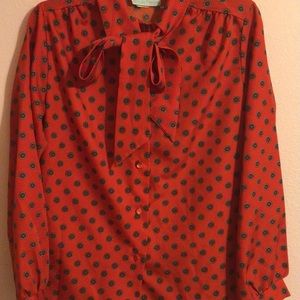 Vintage Lady Holiday red blouse with tie at neck size small/medium